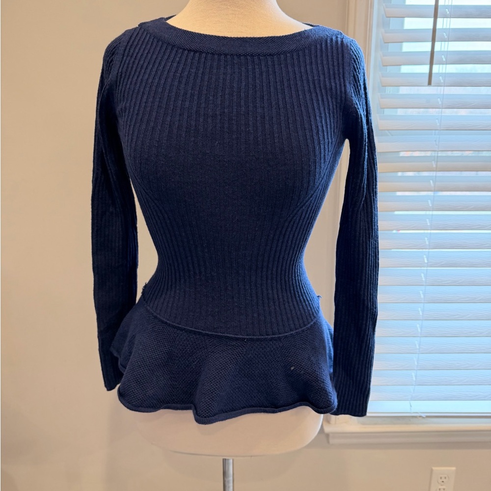 Tory Burch Dark Blue Ribbed Peplum sweater